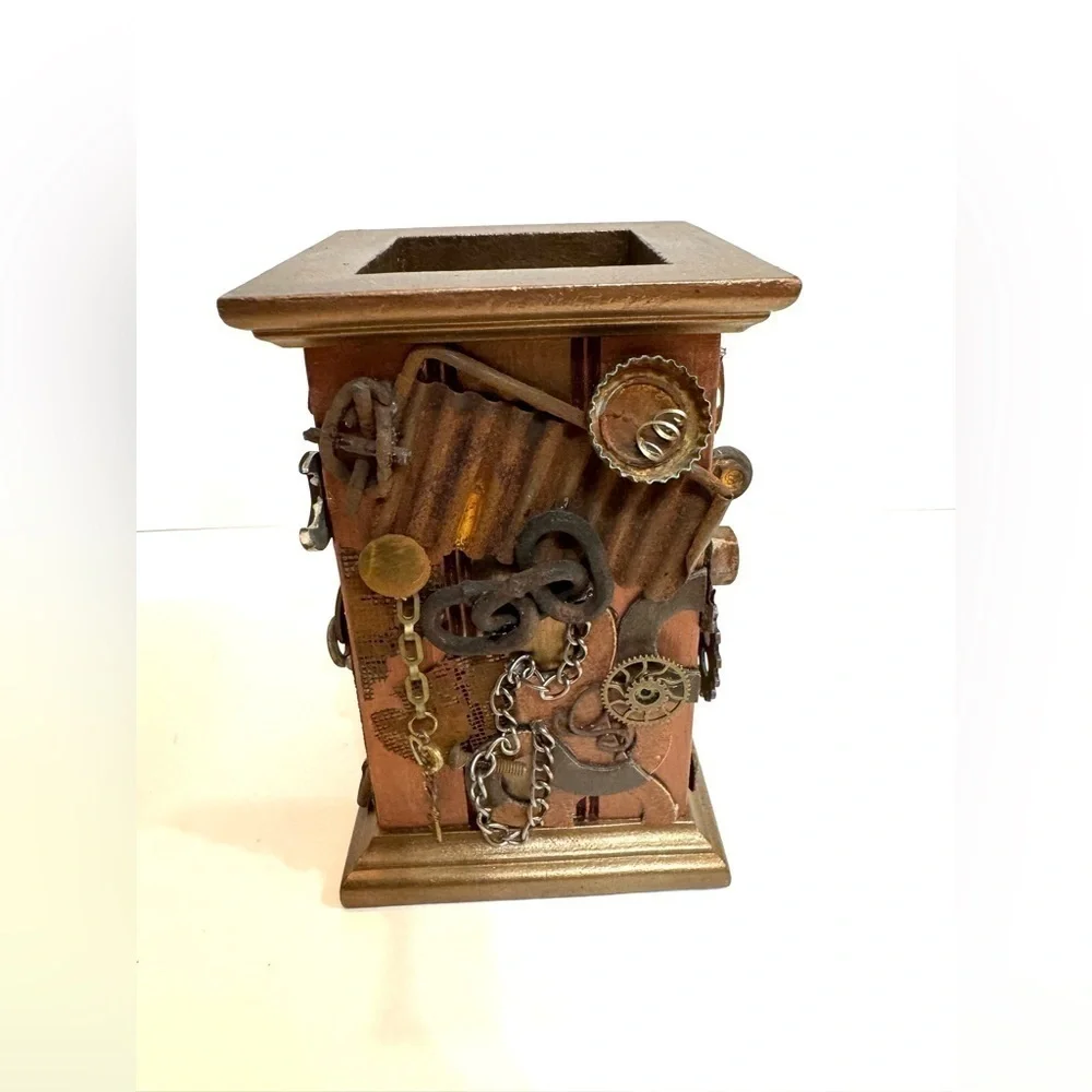Steampunk Knickknack Pencil Holder Trinket Holder Eclectic Design Wood and Metal